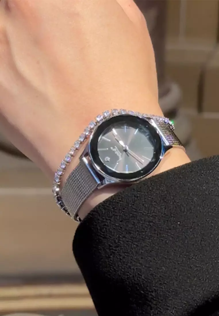 Geometric Mineral Glass Feat SWAROVSKI®Crystal Watch Silver Black
