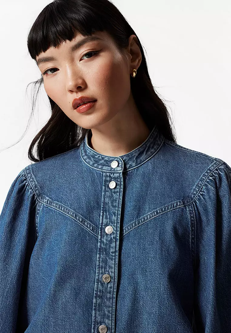 Puff-Sleeve Denim Blouse