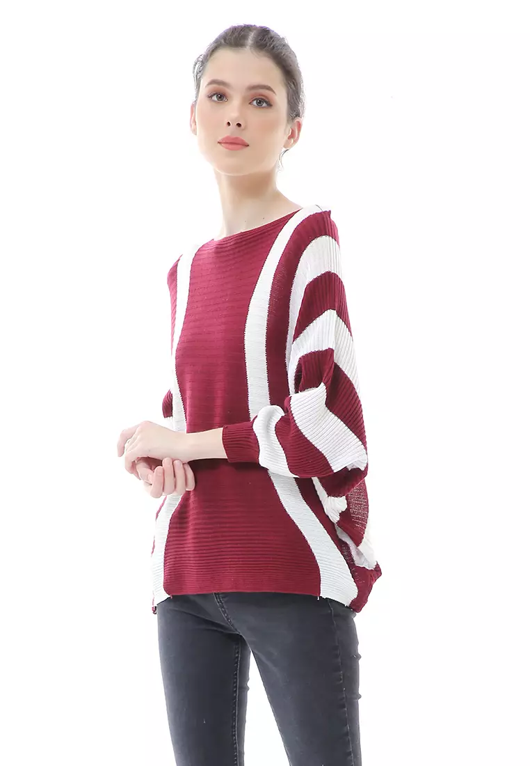 Viana Blouse Rajut Atasan Wanita Motif Zebra Stripe Oversize Jumbo Premium Quality - Maroon