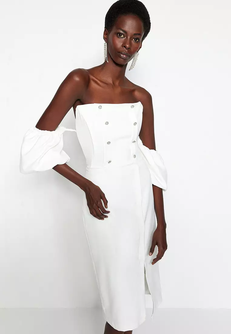 FITTED MIDI DRESS - White