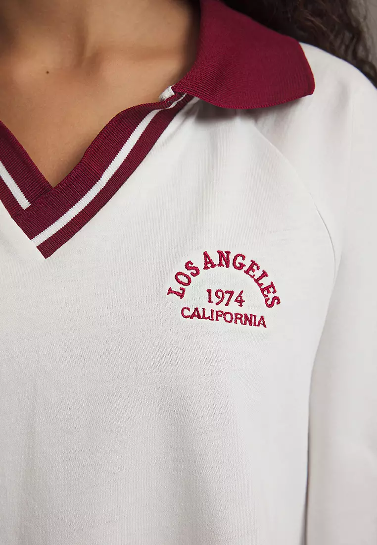 Ecru Knitwear Band Detailed Embroidered Oversize/Wide Pattern Knitted T-Shirt TWOSS25TS00100