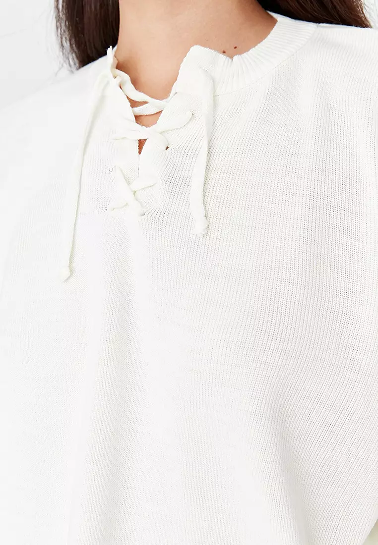 White lace up sweater sale