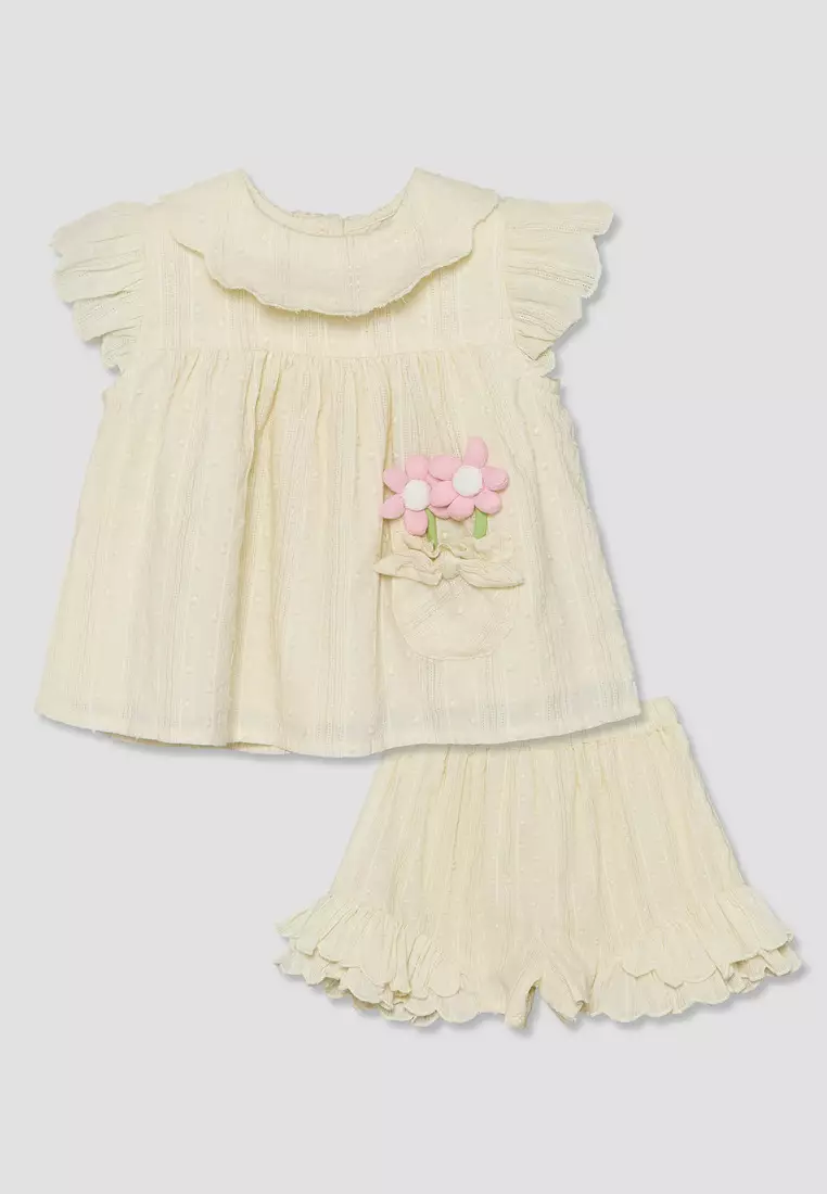 Babyshop Juniors Round Neck Short Sleeves Top And Shorts Set With Floral Appique