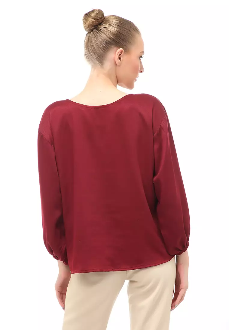 Blouse Lengan Balon Motif Solid Design Simple Regular Fit - Maroon
