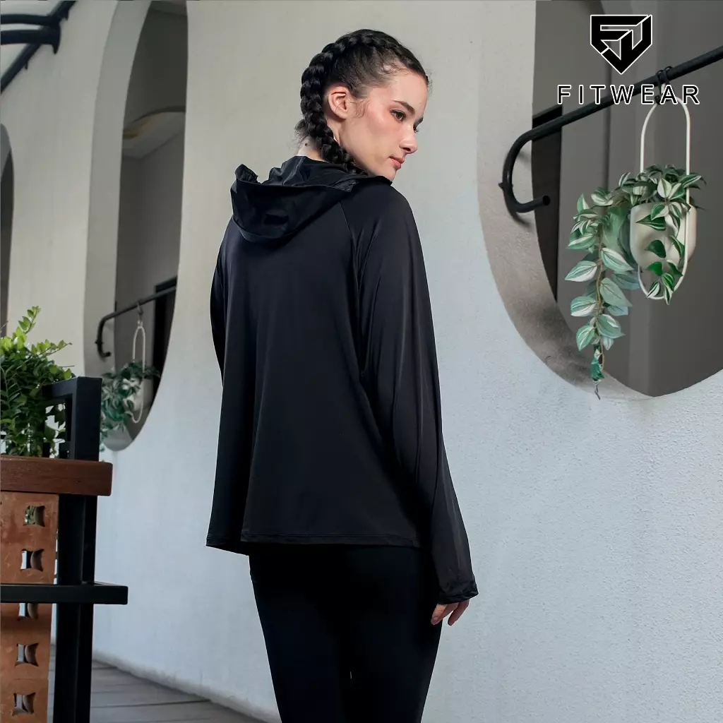 Fitwear - Jaket Olahraga Wanita DRYFIT OVERSIZE ELIZABETH UV FRONT POCKET - BLACK
