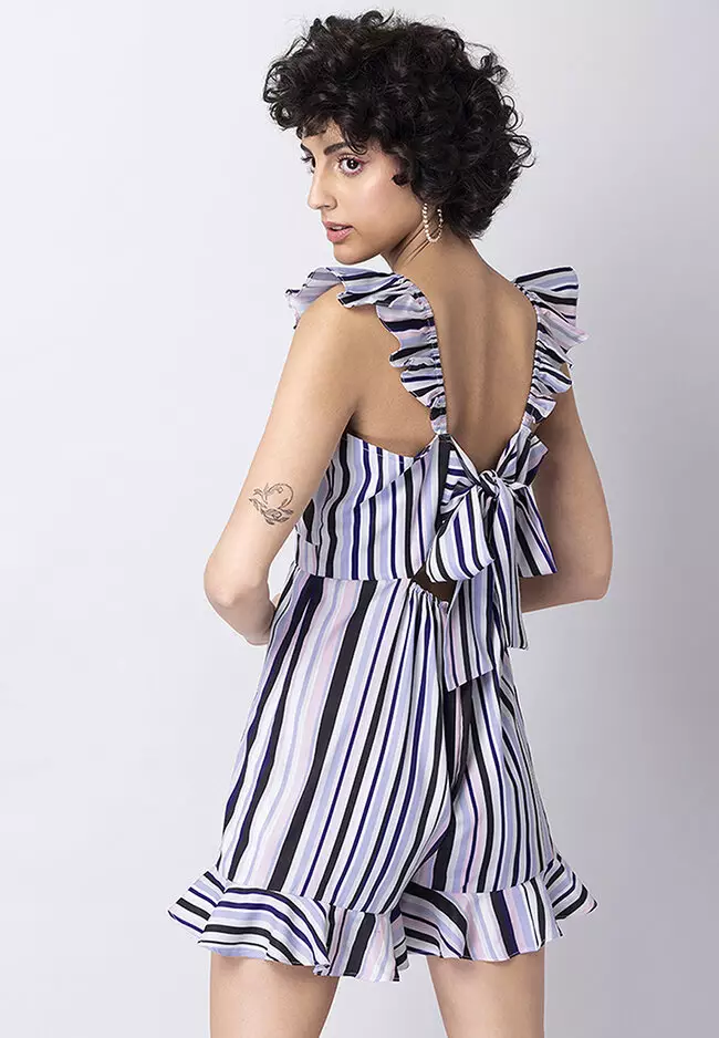 Blue Striped Smocked Ruffled Playsuit