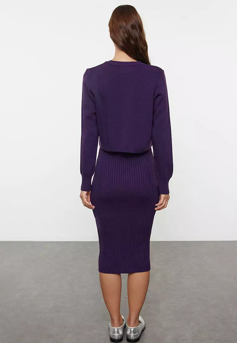 Purple Midi Knitwear Basic Cardigan Dress Twoss23El00738