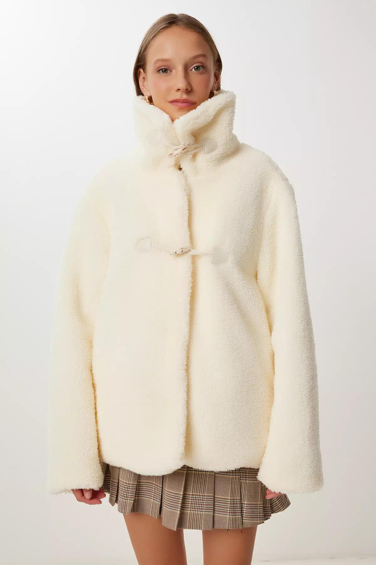 Women's Bone Polo Collar Pocket Plush Coat Gk00023