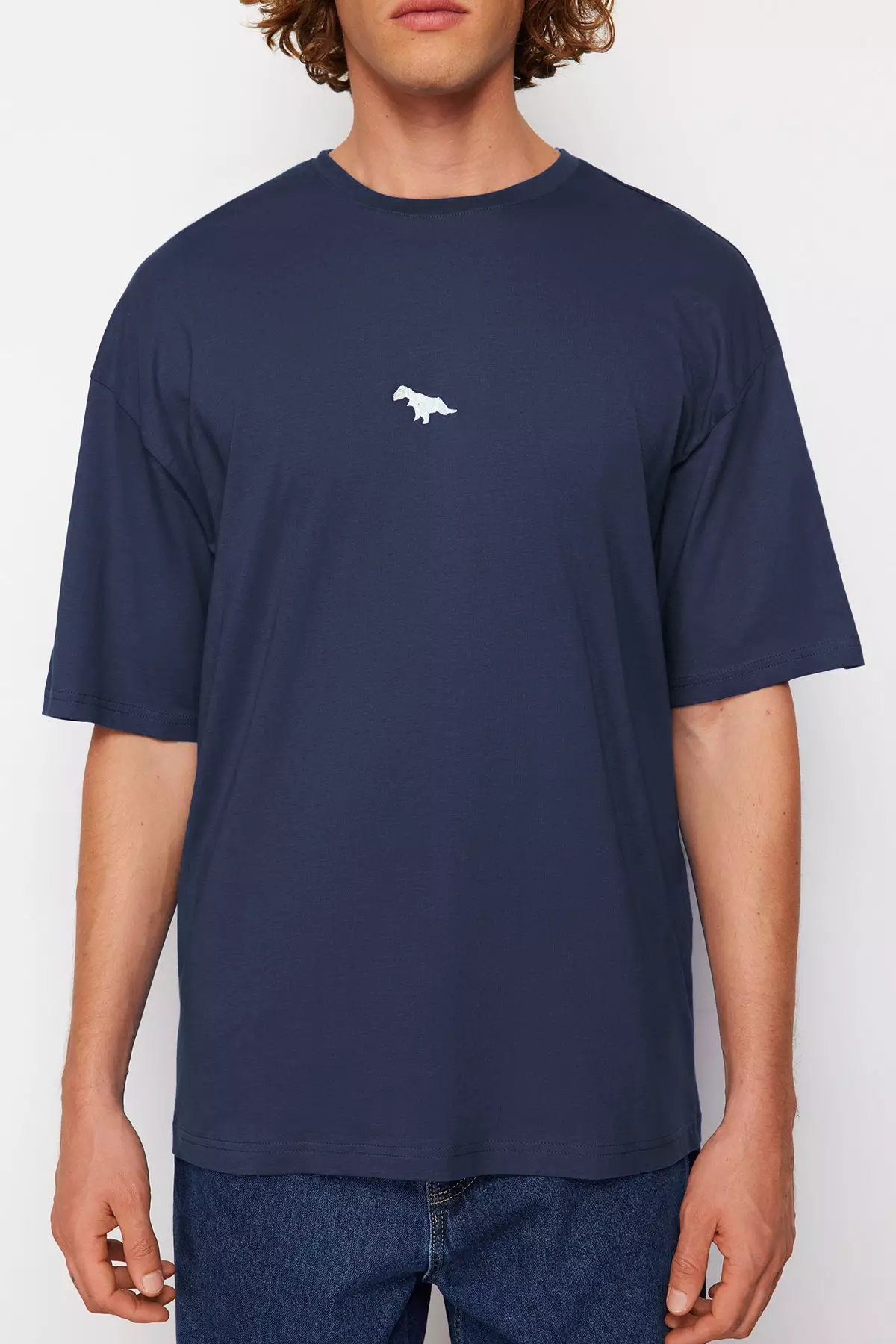 Oversize/Wide Cut Short Sleeve Dinosaur Embroidered T-Shirt