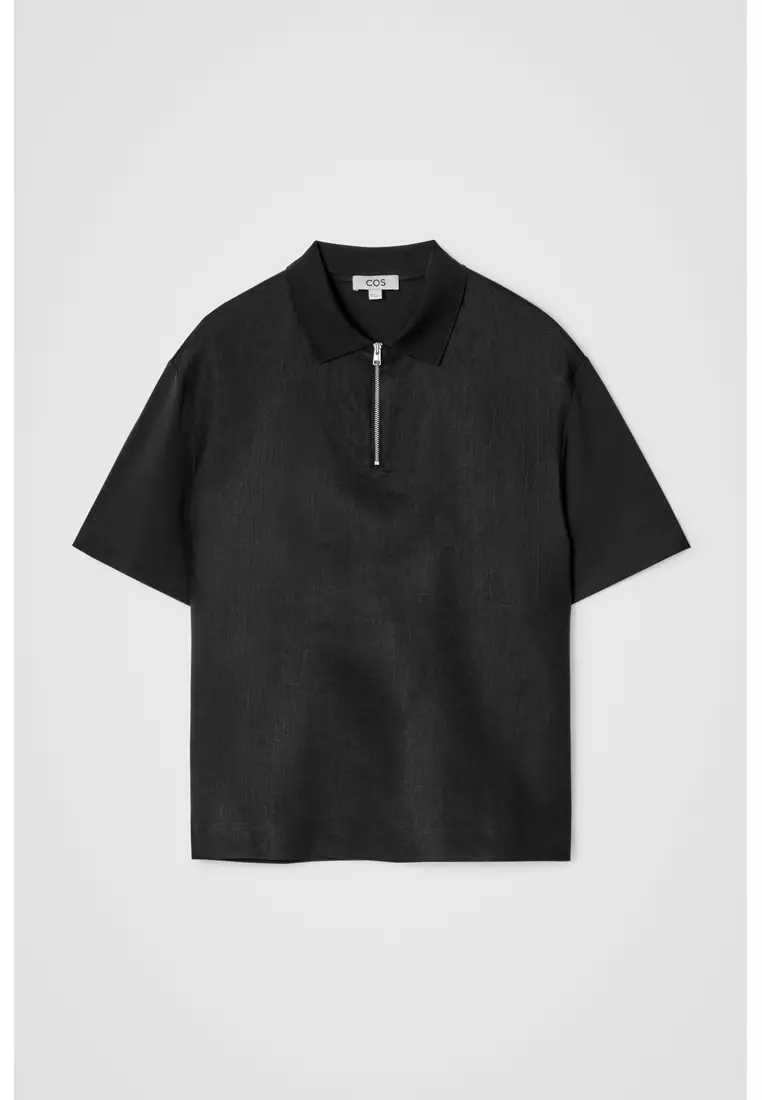 CONTRAST-PANEL LINEN HALF-ZIP POLO SHIRT