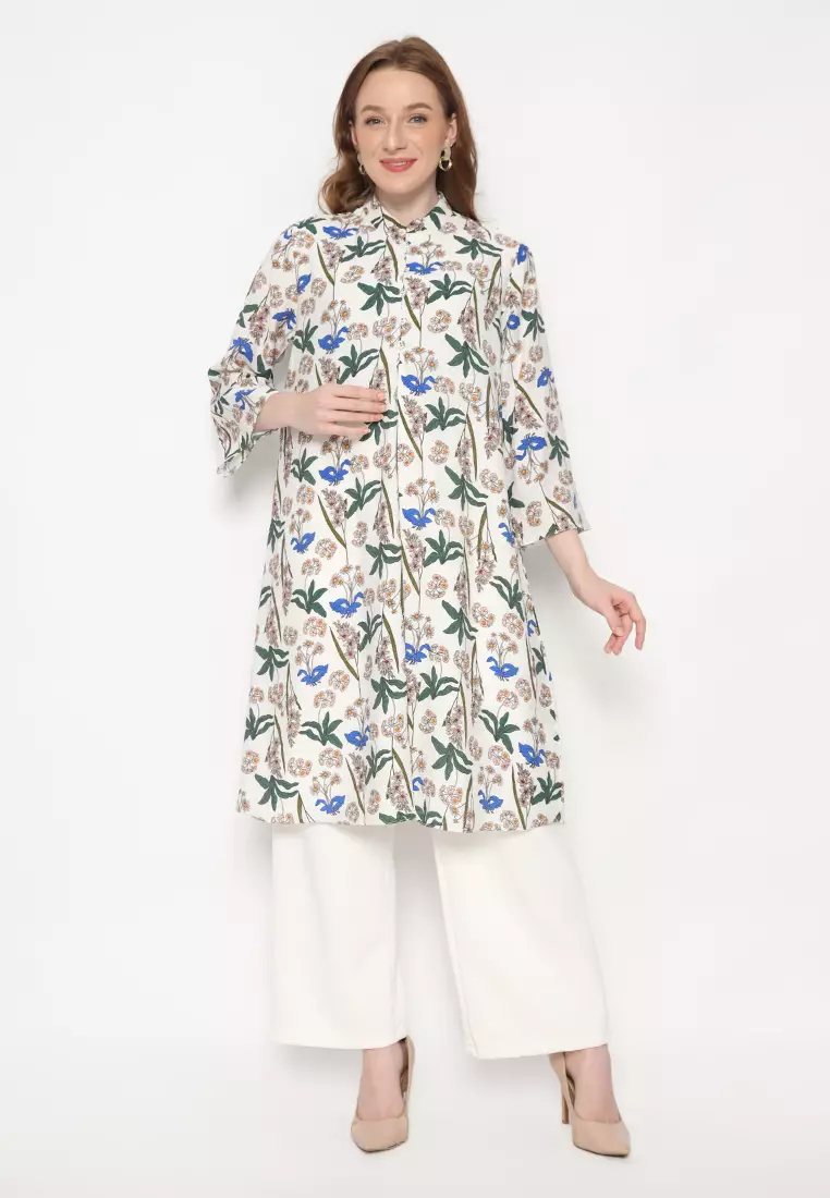 Tunic White Floral Silky Long Sleeve  Arlette By Brilliant Girl Warna Putih
