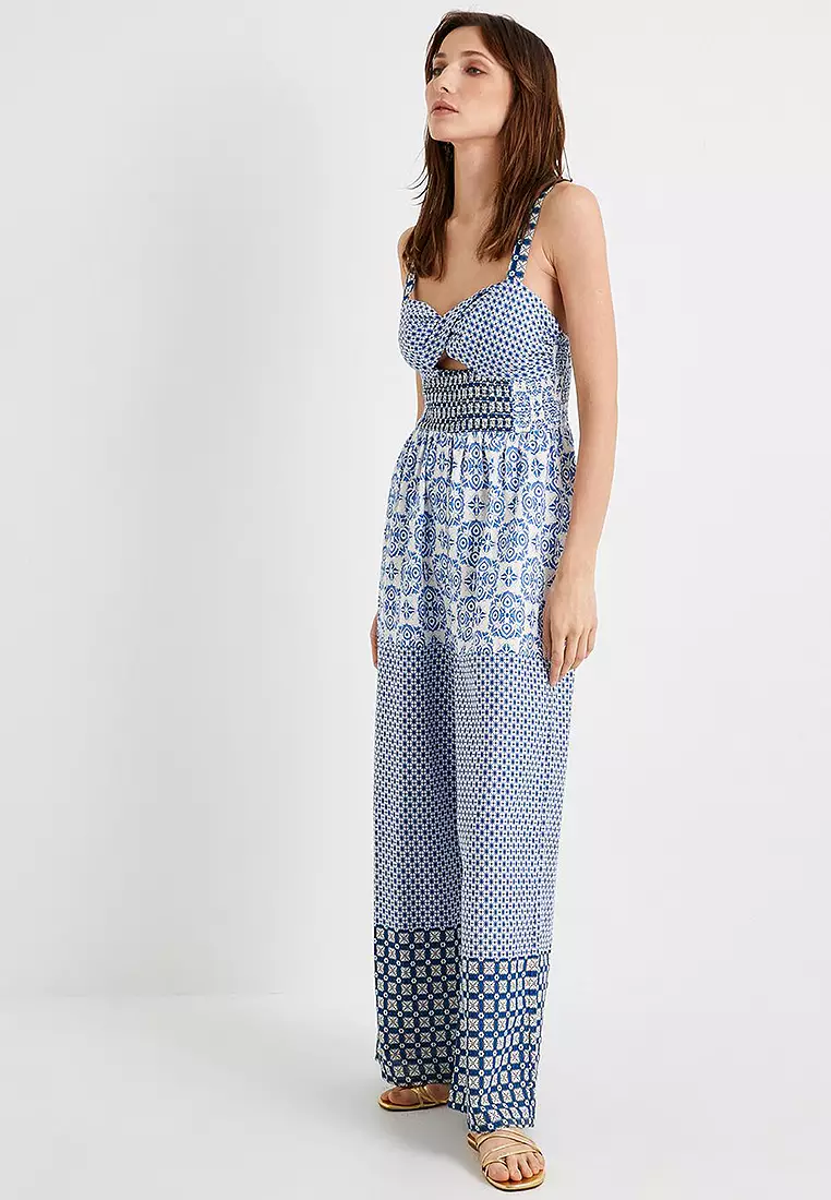 Wide Leg Jumpsuit Patterned Window Detailed Strap Gimped Cotton