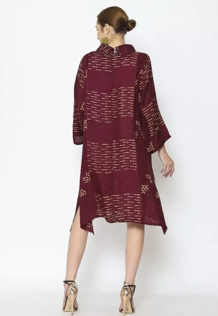 Rinjanie Batik - Tunik Batik Bola Kerah Red Wine - Dress Dua Sisi - Batik Sogan Modern Mix - Tunik Batik Modern - Tunik Batik Kekinian - Batik Cap Mix Ciprat - DTBK - RW