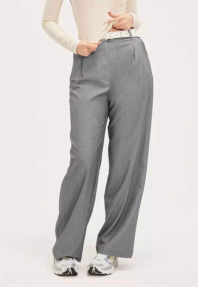 Wide-leg Pants - Gray melange - Ladies