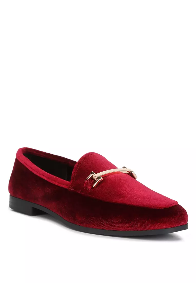 Burgundy Horsebit Embellished Velvet Loafers