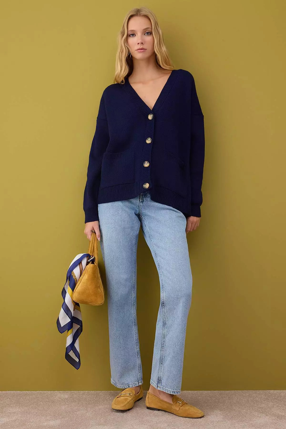 Navy Blue Wide Pattern Basic Knit Cardigan