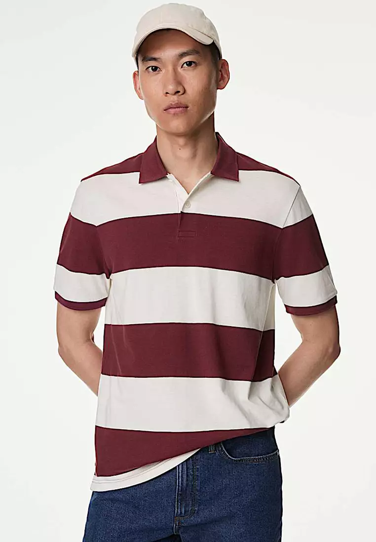 Pure Cotton Striped Pique Polo Shirt