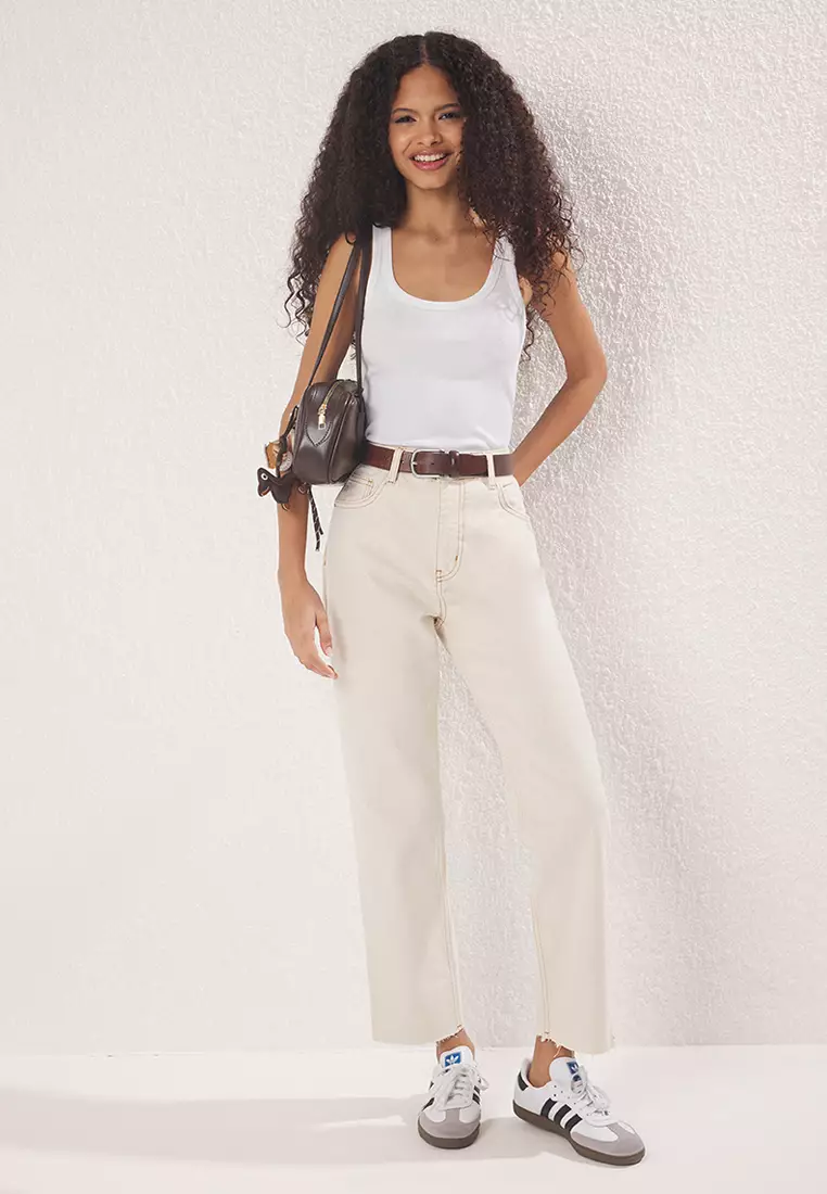 Ecru Cut-Off High Waist Straight Jeans TWOAW25JE00307