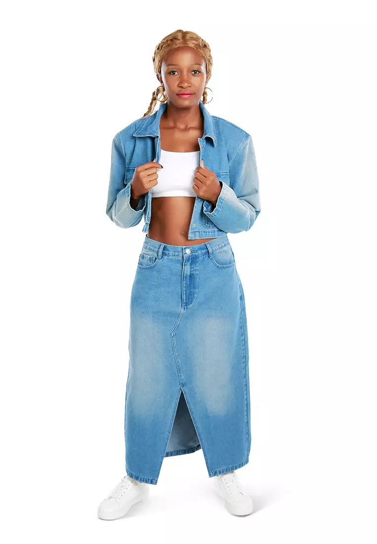 中蓝色纯色垫肩牛仔夹克