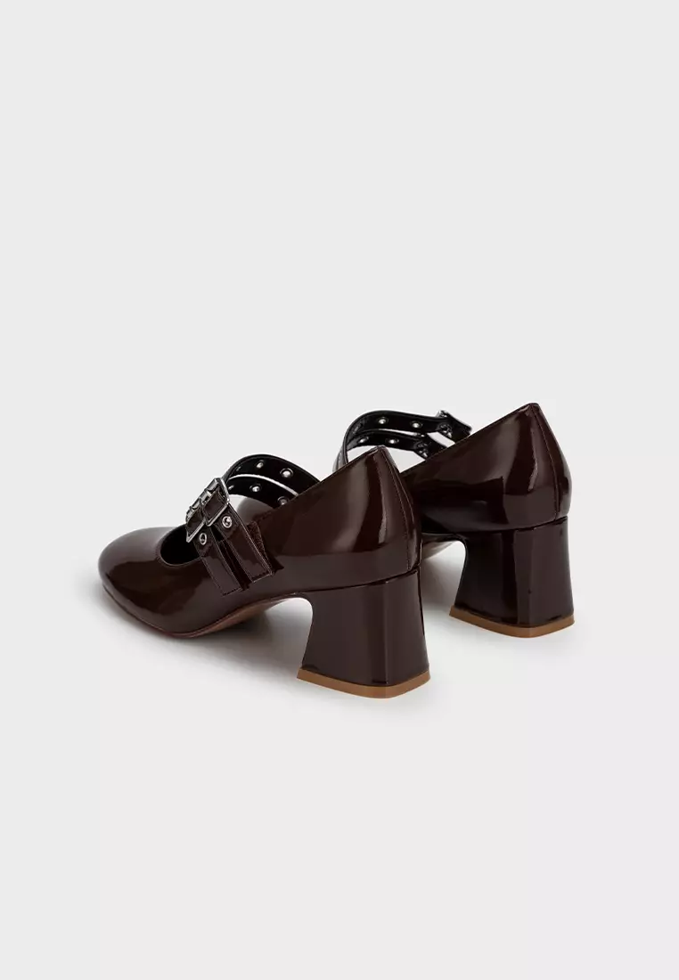 PATENT DOUBLE BUCKLE MARY JANE BLOCK HEEL PUMPS 饰扣圆頭粗跟鞋