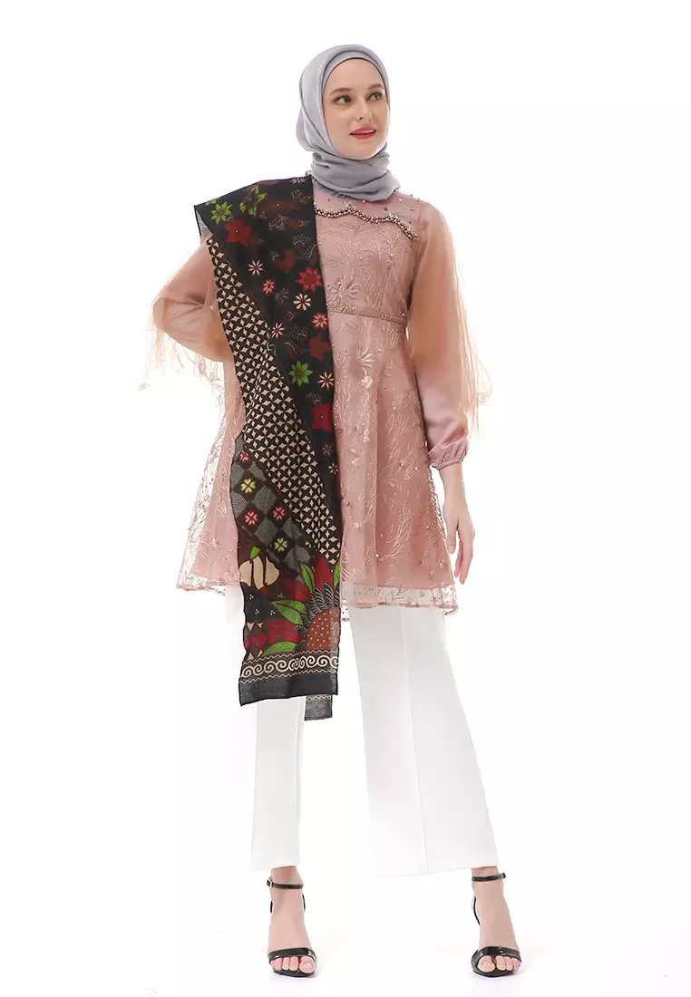 Tunik Long Slevee Motif Batik Atasan Wanita Stlye Premium High Quality - Brown