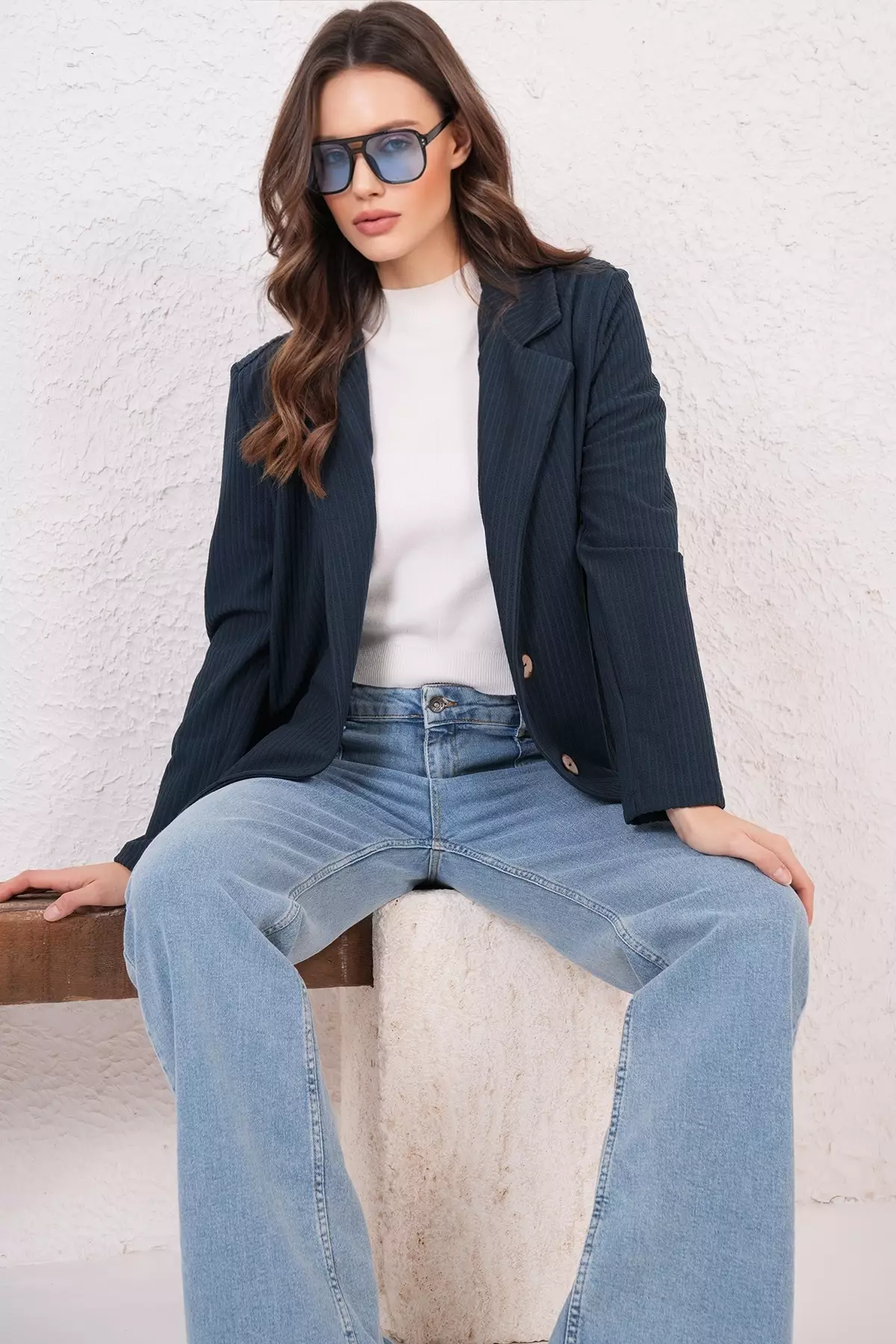 Navy Blue Oversize Blazer Jacket Alc-X14776