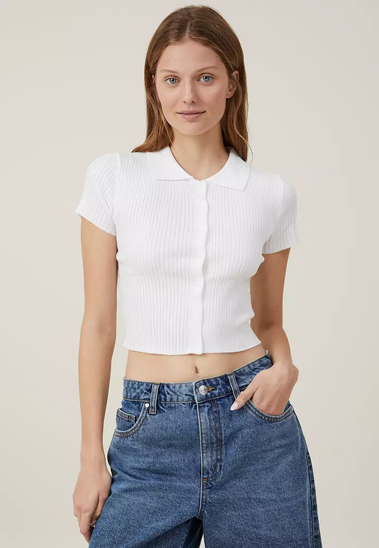Short Sleeves Rib Button Polo Shirt