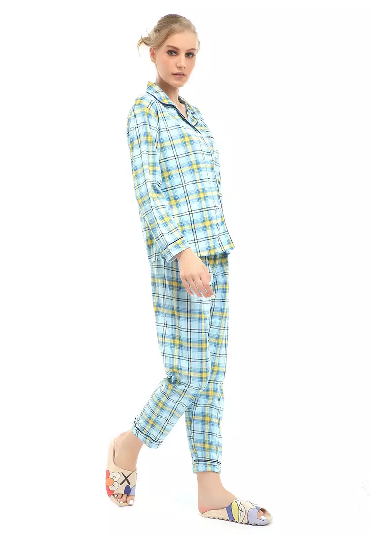 Vance Setelan Piyama Baju Tidur Wanita Lengan Panjang Motif Kotak Material Cotton ORIGINAL - Blue