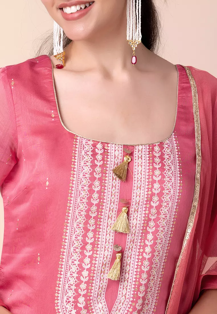 Peach Sharara With Short Embroidered Kurta And Dupatta (Set of 3)