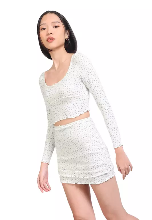 Ditsy Floral Pointelle L/S Top And Ruffled Skirt Set