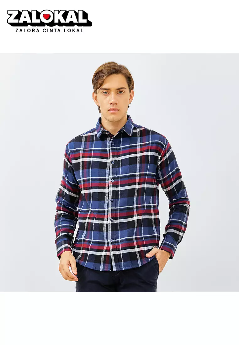PAULMAY Kemeja Flanel Pria Lengan Panjang Navy 6716