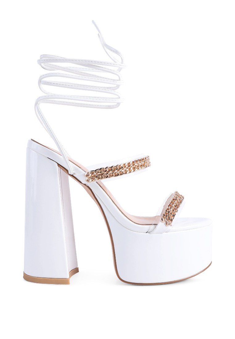 White Metal Chain Lace Up Chunky Sandals