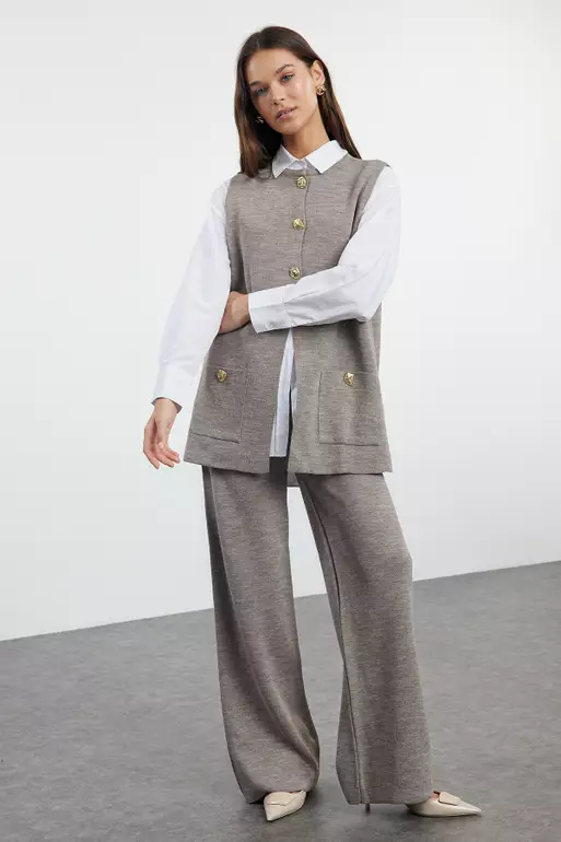 Mink Wide Fit Button Detailed Knitwear Bottom Top Suit