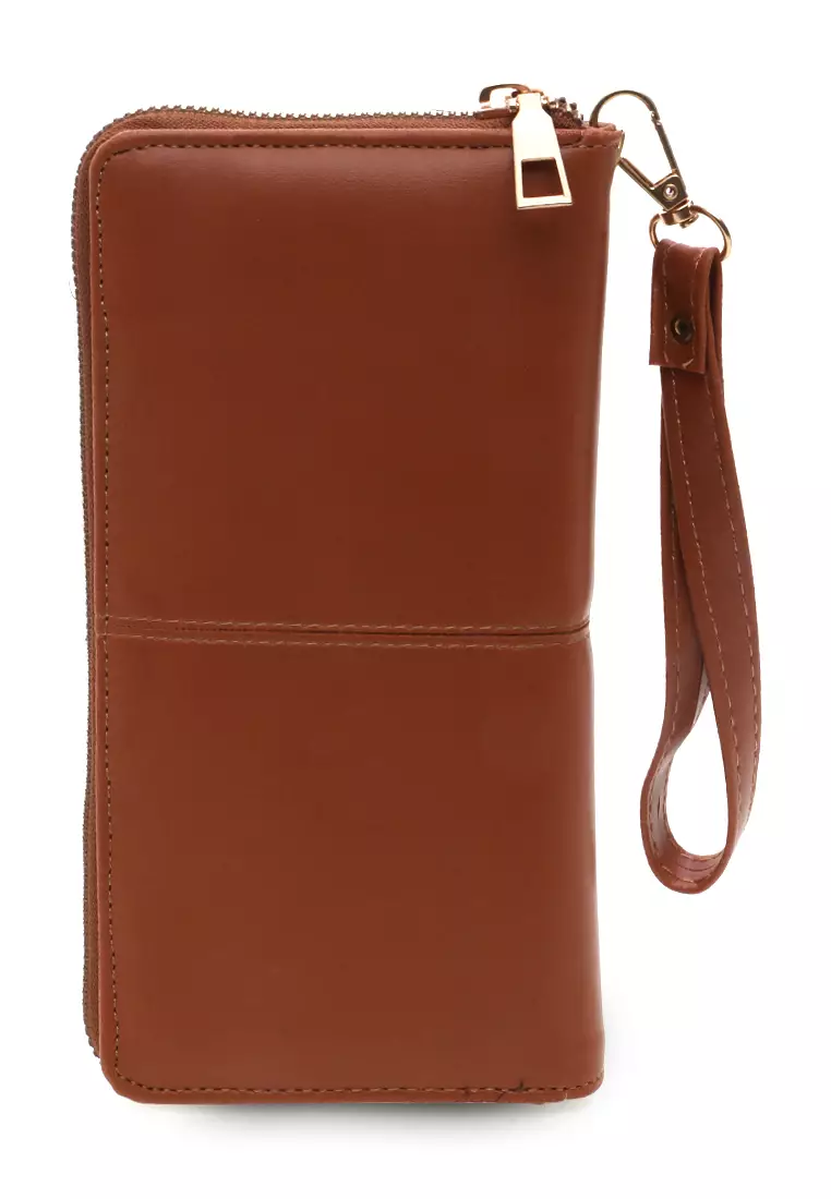 Dompet Leather Wanita Design Casual Long Wallet Soft Large Capacity Free Tali Tangan - Coklat List Hitam