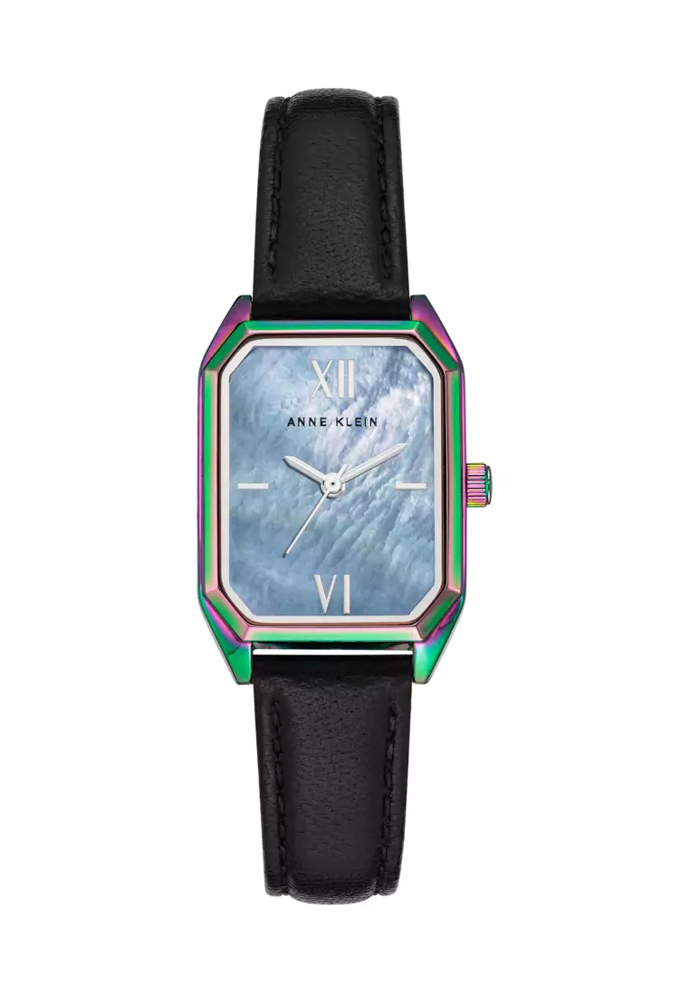 Anne klein watch black leather 2025 strap