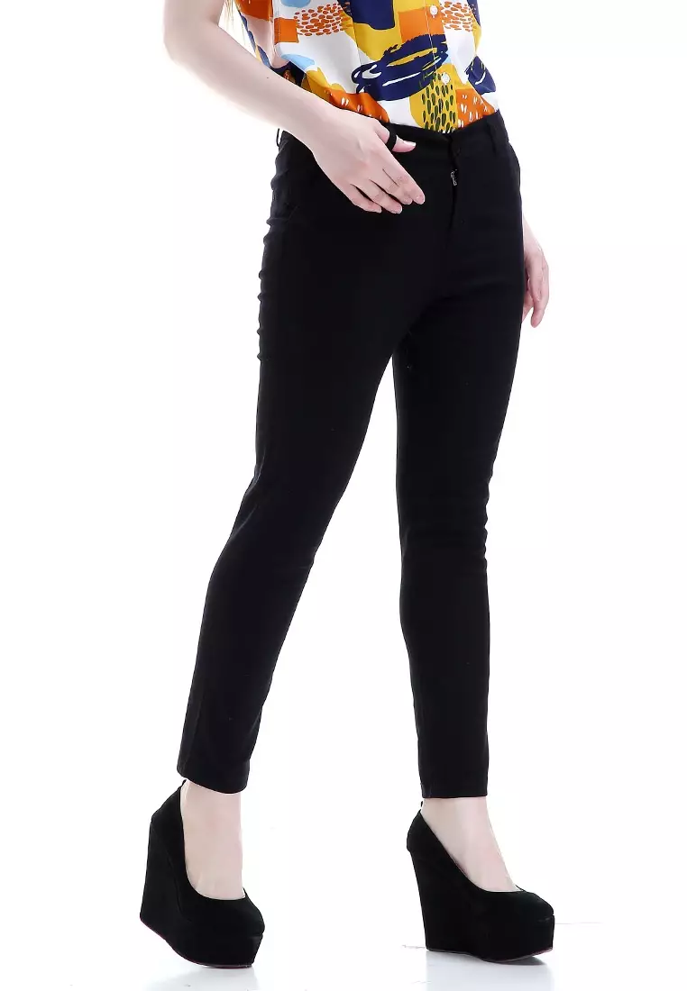 Tinsley Celana Chino Bawahan Wanita Kasual Motif Solid Long Pants Woman - Hitam