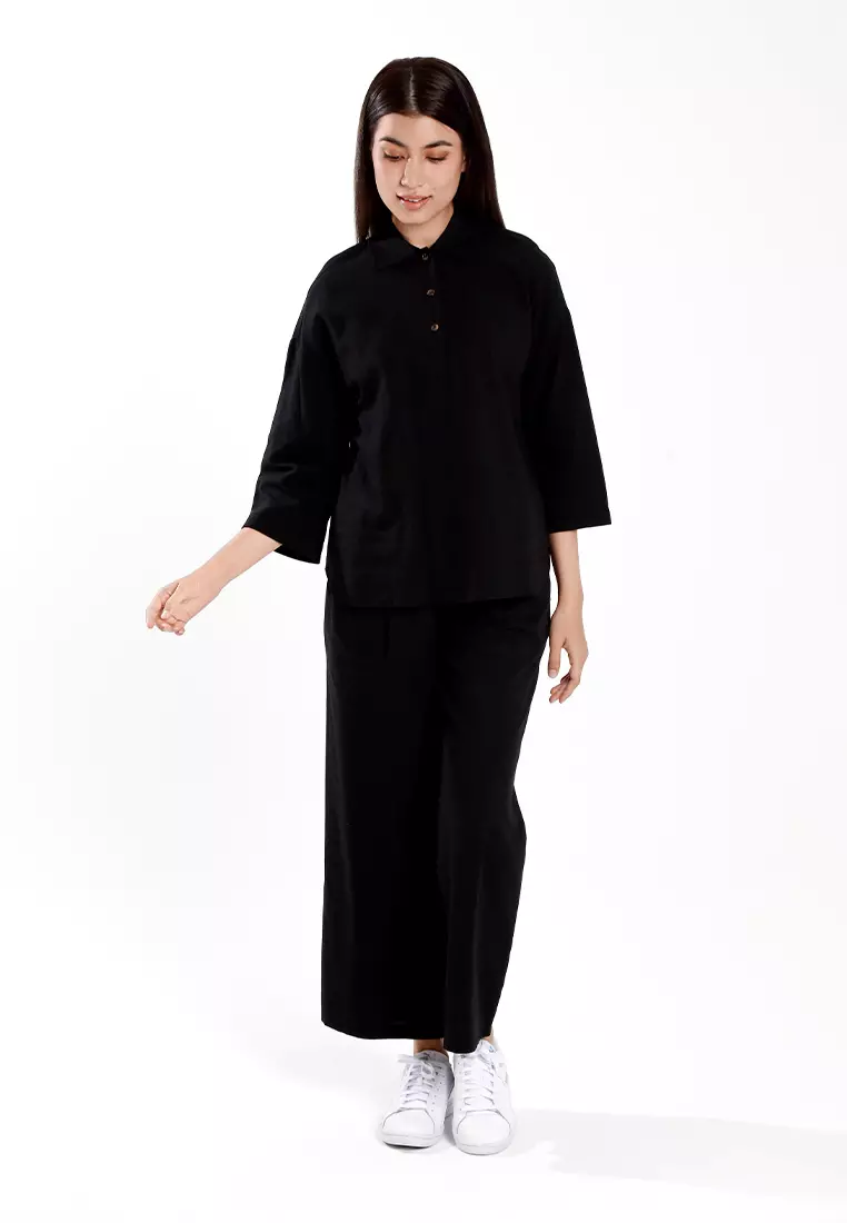 Forest Ladies Cotton Linen 3/4 Sleeve Collar Blouse Women Shirt | Baju Kemeja Perempuan Lengan Panjang - 822474-01Black