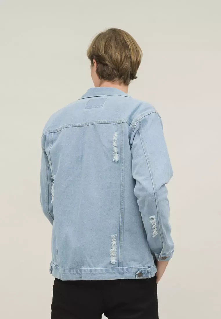 Houseofcuff Jaket Jeans Pria Polos Tebal Dilan Denim Biru Pudar Ripped