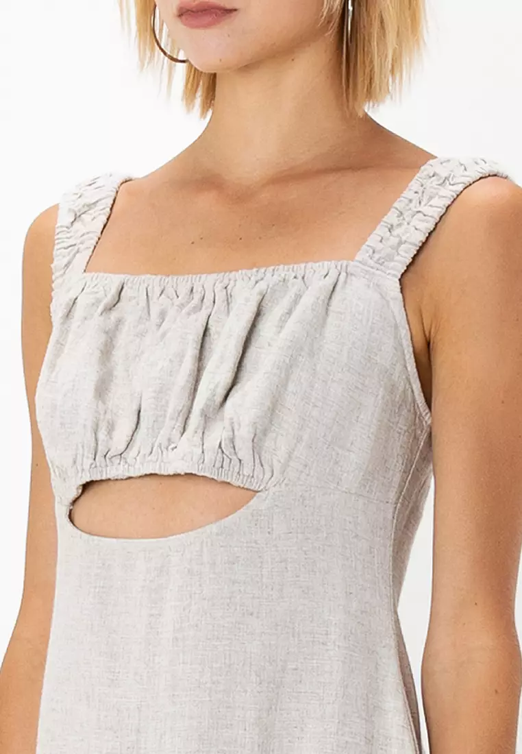 Linen Mini Sundress With Ruched Bust And Cut Out Detail