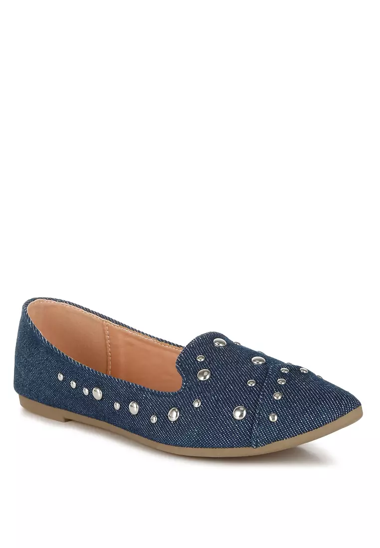 Stud Embellished Ballet Flats in Denim