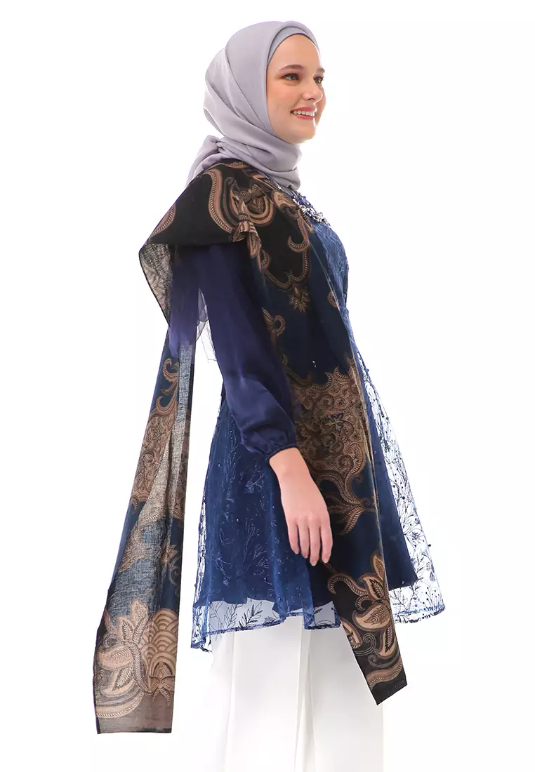 Aidah Tunik Long Sleeve Wanita Soft Comfortable Batik Premium High Quality - Navy