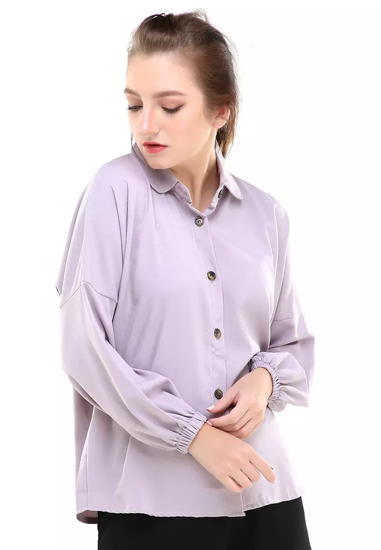 Narya Blouse Lengan Panjang Rubber Sleeves Atasan Wanita Regular Fit - Grey