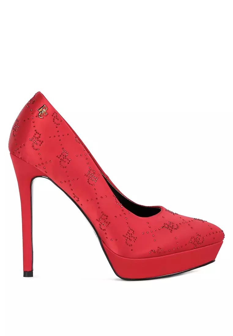 Discount on Rag & Co.  shoes - SKU: Red Monogram Satin Stiletto Pumps