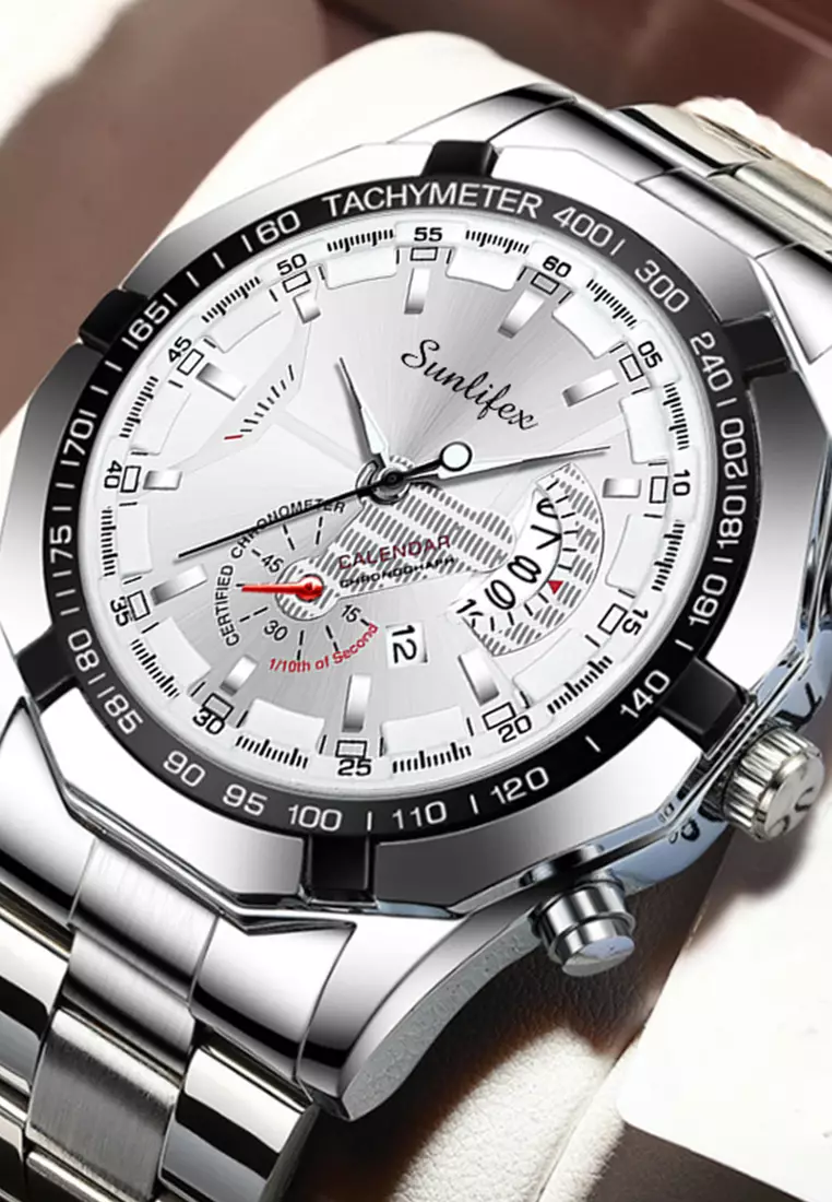 Jam Tangan Pria 9094 Original Kuarsa Kalender Tali Stainless Steel Jam Tangan Cowok(Kotak + Kartu Garansi) silver white