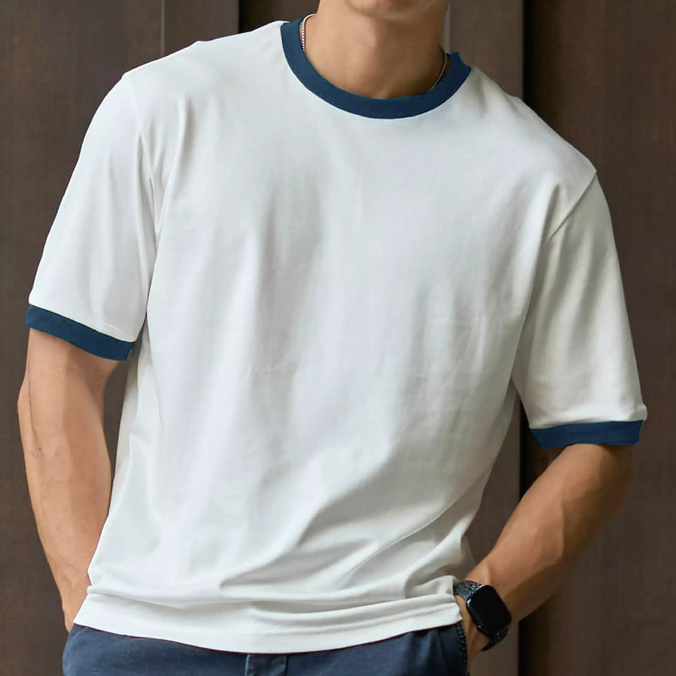 Kale Ringer White Dark Blue / Cotton Cloudy / Kaos Boxy Fit / Kaos Korea / Atasan Kaos Pria / Kaos Basic Pria	TS0