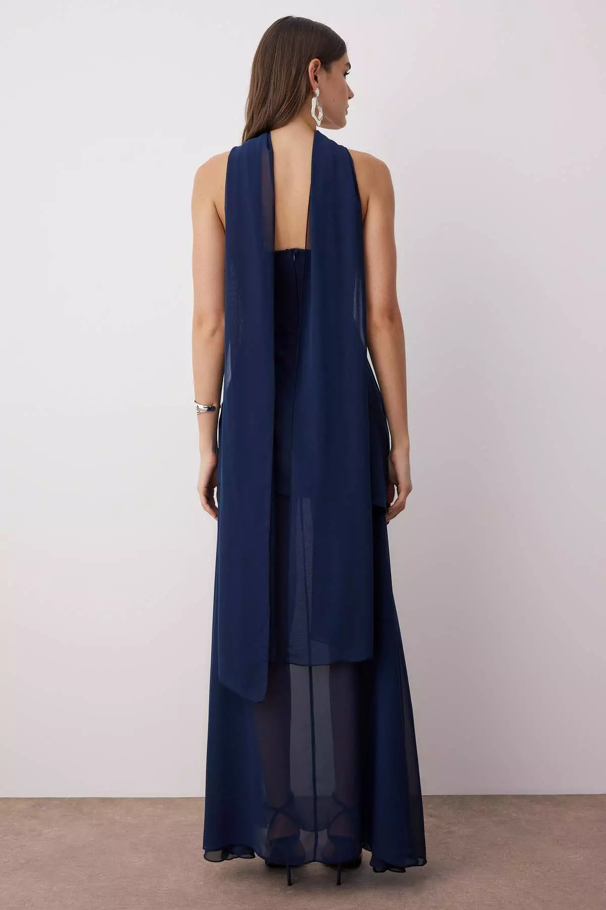 Navy Blue Shawl Detailed Woven Maxi Evening & Graduation Dress Tprss25Ae00188