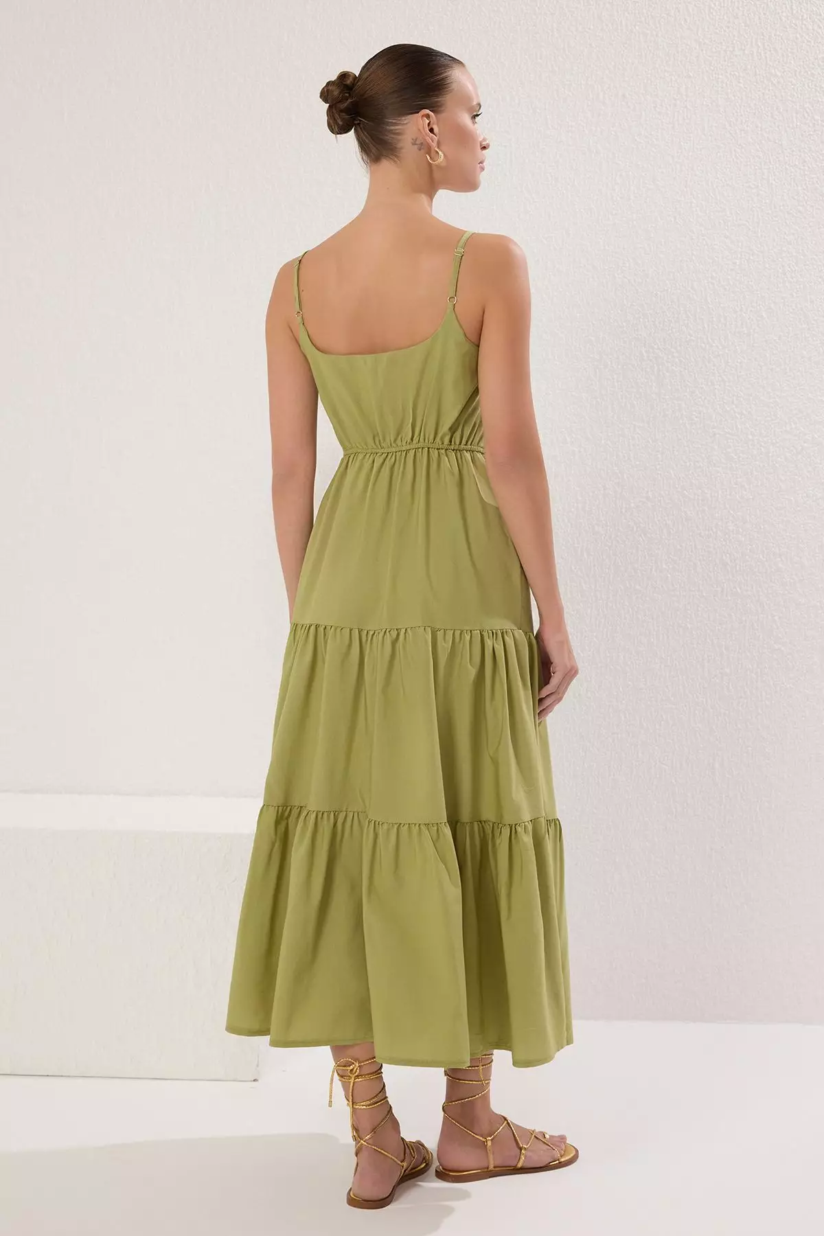 Oil Green Cotton Blend Maxi Woven Dress with Open Waist Skirt TWOSS24EL00386