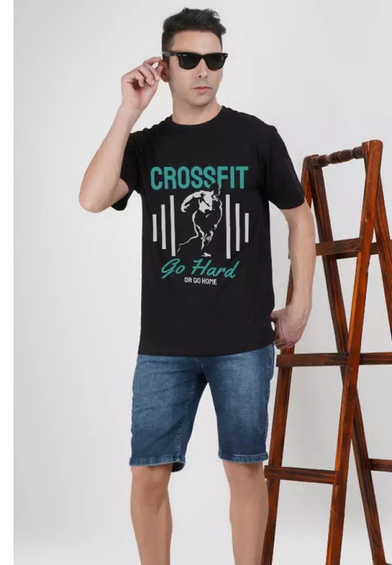 Crossfit 黑色棉混纺短袖圆领运动/训练 T 恤