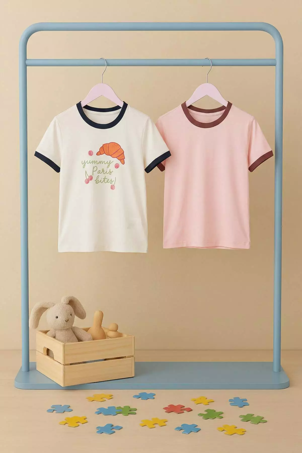 Pink-Ecru 2-Piece Girls' Plain Knitted T-Shirt Tkdss26Ts00015