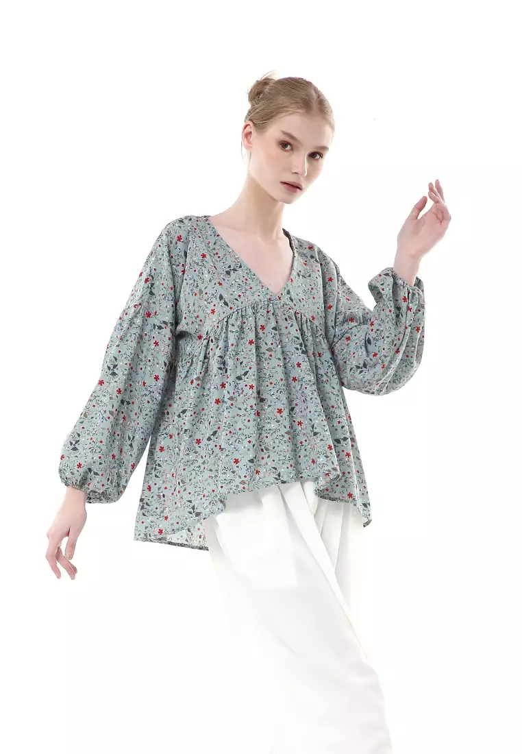 Milea Blouse Balon Atasan Wanita Motif Flower Premium Quality - Stone
